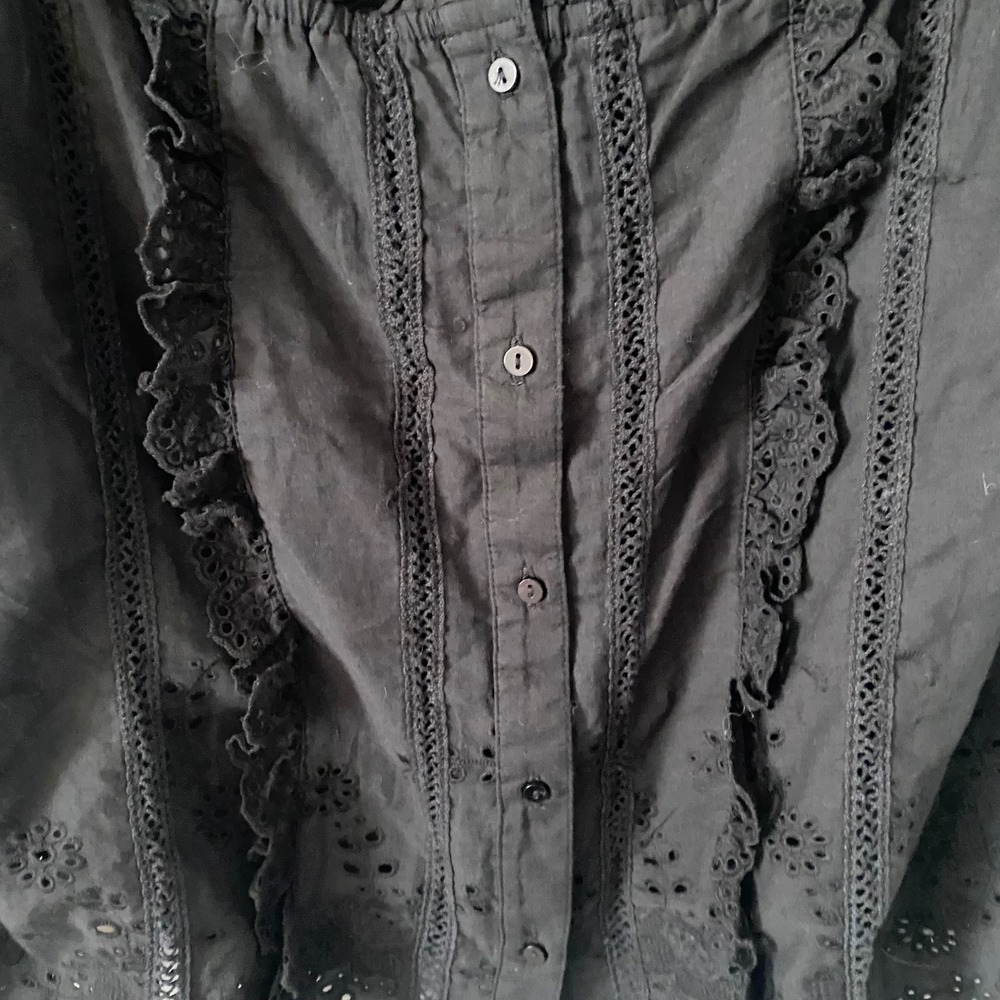 Anthropologie Sz Lg Coquette Black Eyelet Cotton Button Front Puff Sleeve Blouse - Picture 5 of 11